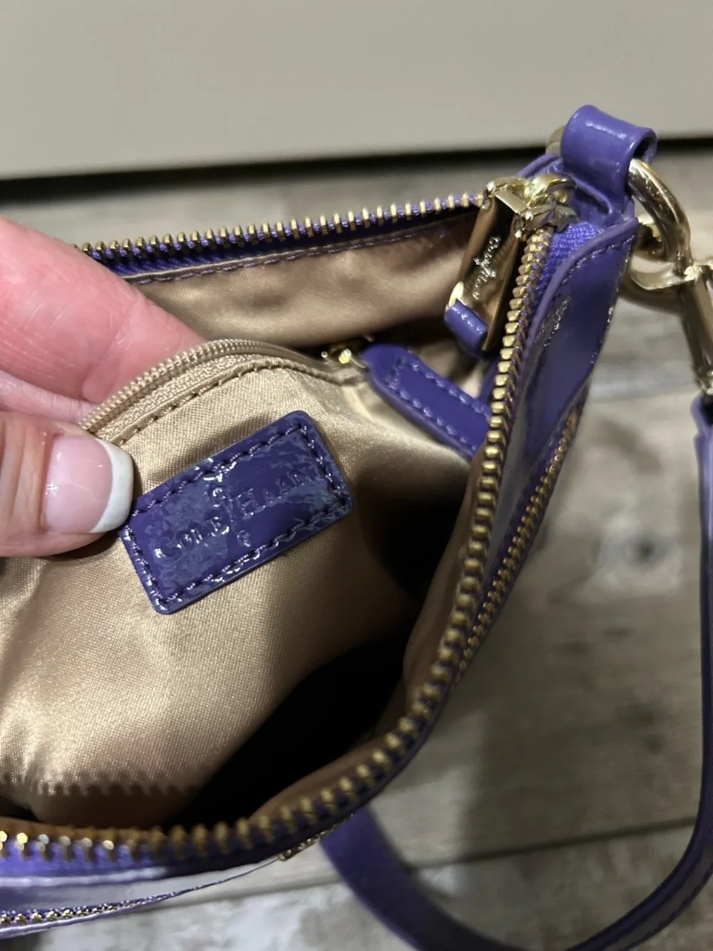 purple patent leather Cole Haan Jitney crossbody bag